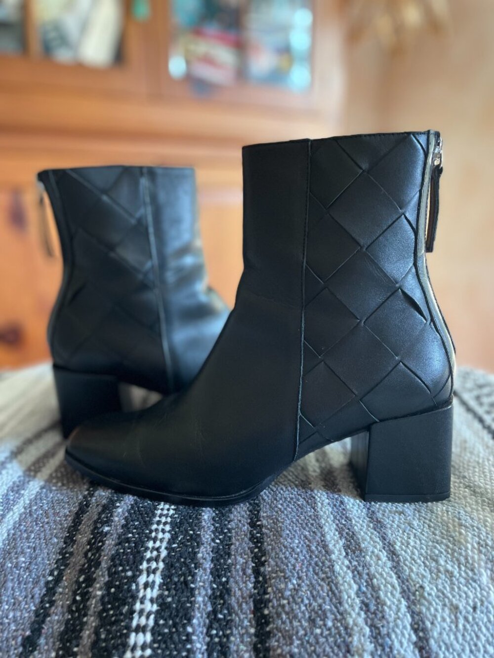 Angel Alarcon Women's Woven Black Leather Block Heel Ankle Boots Size EU 38 US 7